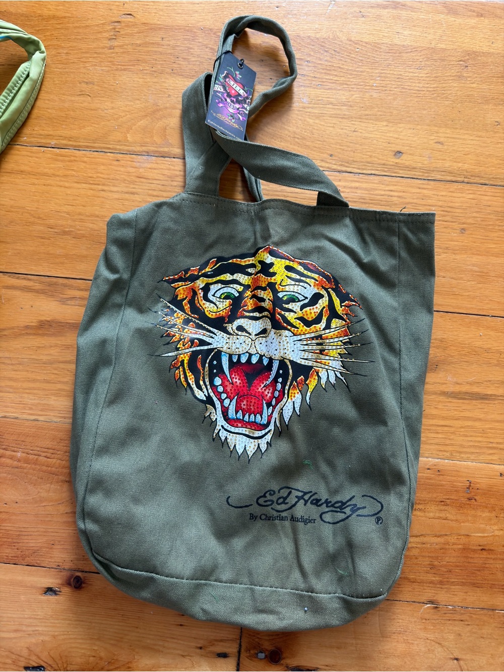 Ed Hardy Olive Green Canvas Tote with Colorful Tiger Motif